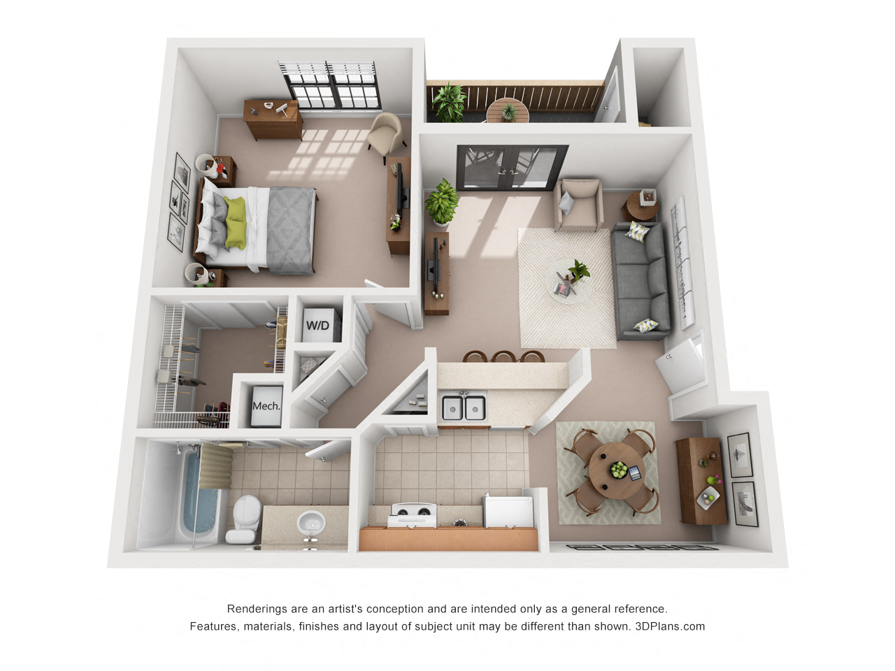 Floor plan for 1 bed, 1 bath, 604 sqft